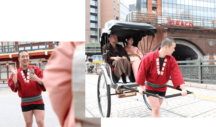 東京・神田の街を人力車で体験する様子